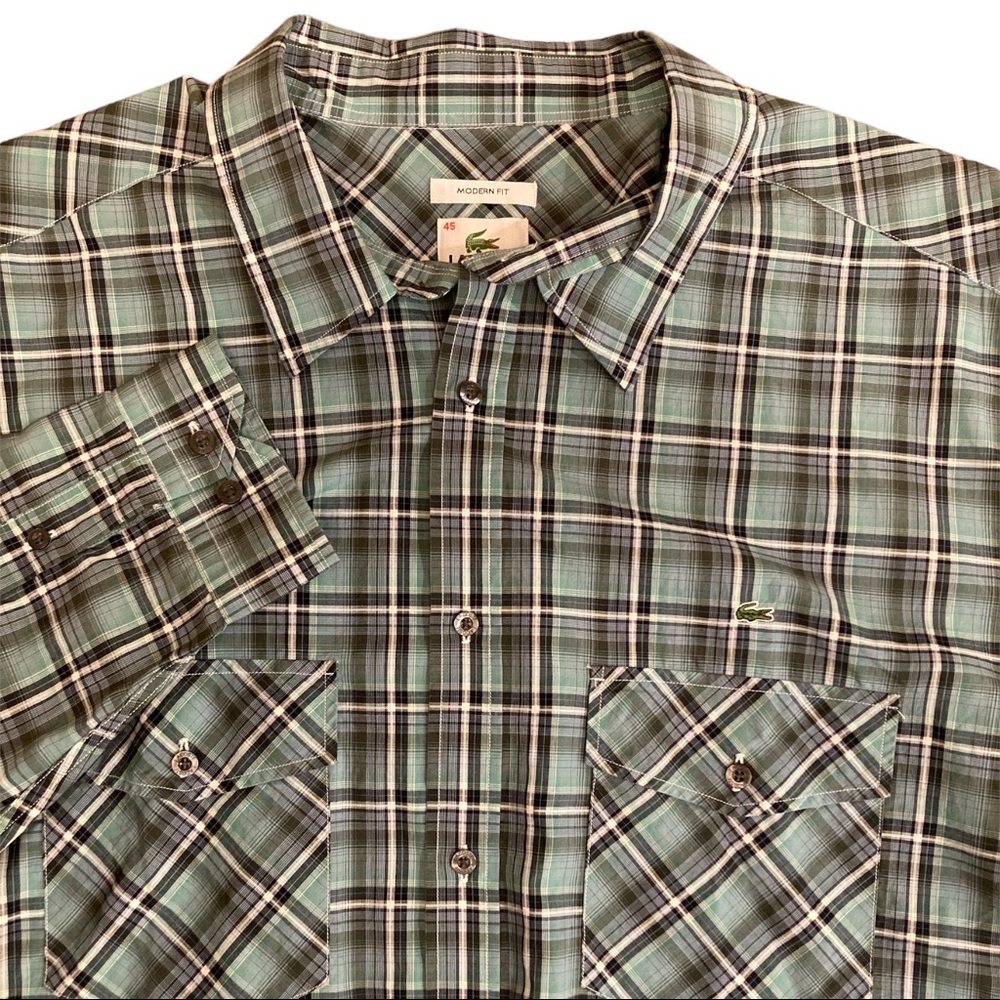 Lacoste Mens‎ Modern Fit Button Up Shirt Long Sleeve Size 45 Plaid Front Pockets
